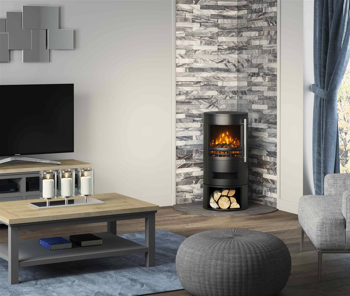 Be Modern FLARE Tunstall Cylinder Electric Stove with Logstore in Matt Black TSS-7 