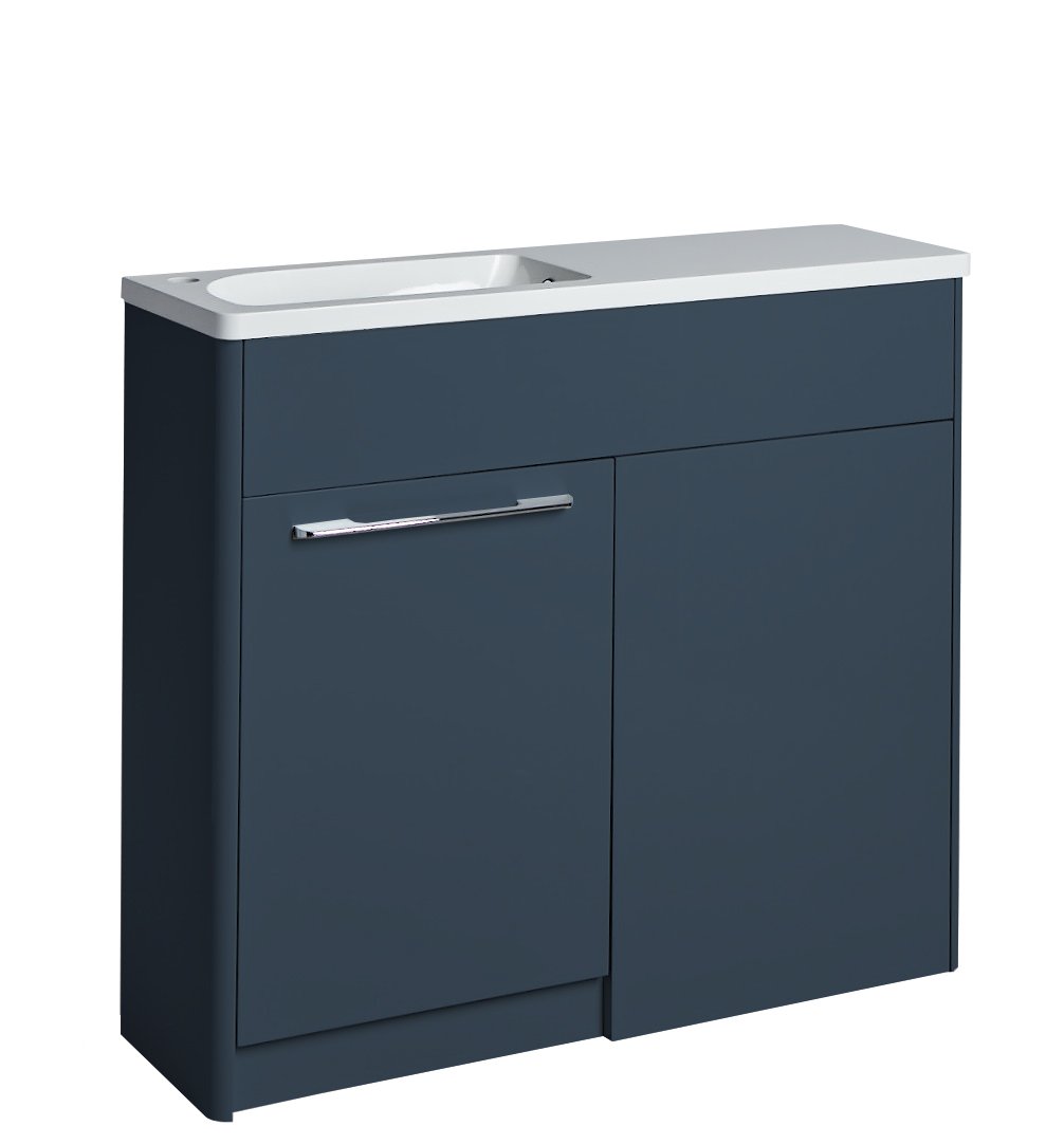 Tucker French Herts Compact 1000mm Back To Wall Floor Standing Slim Depth Basin Unit Left Handed Dark Blue