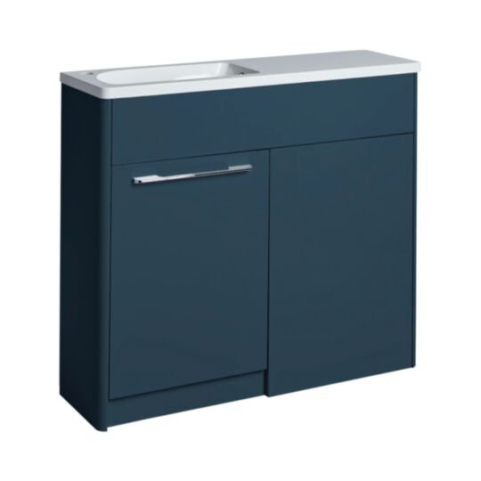 Tucker French Herts Compact 1000mm Back To Wall Floor Standing Slim Depth Basin Unit Left Handed Dark Blue