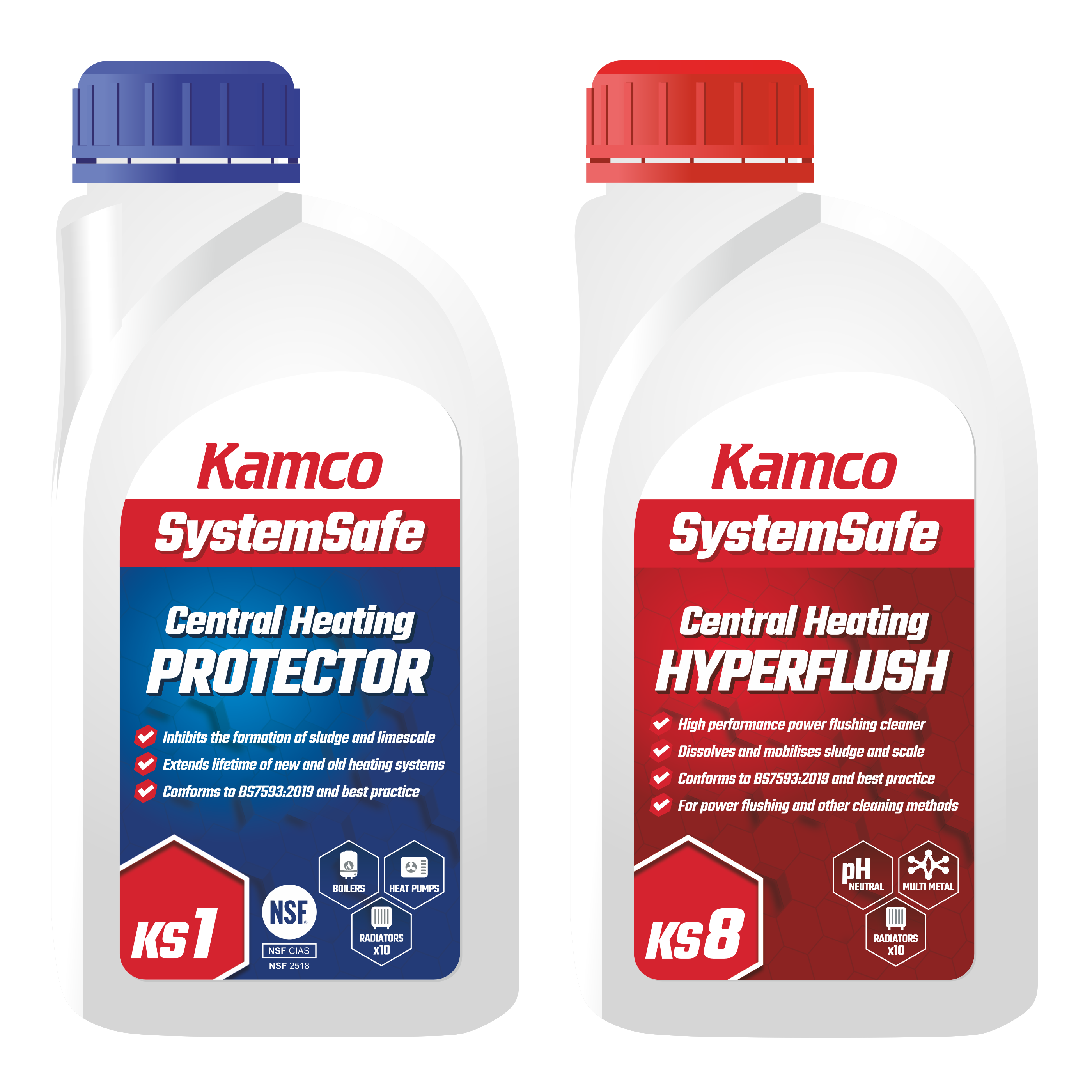 Kamco SystemSafe KS1 Protector Corrosion Inhibitor 500ml BDM006 + SystemSafe KS8 Hyperflush Powerflushing Cleaner 500ml BHF003