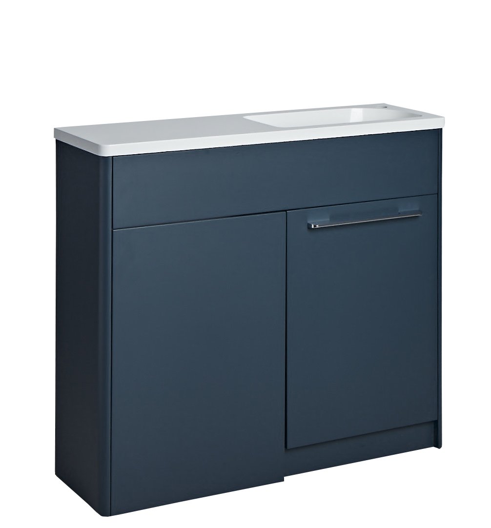 Tucker French Herts Compact 1000mm Back To Wall Floor Standing Slim Depth Basin Unit Right Handed Dark Blue